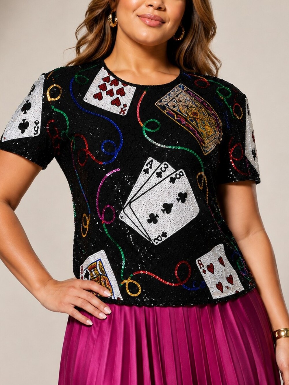 Rare Vintage Laurence Kazar Sequin Playing Card Novelty Top 1X Black